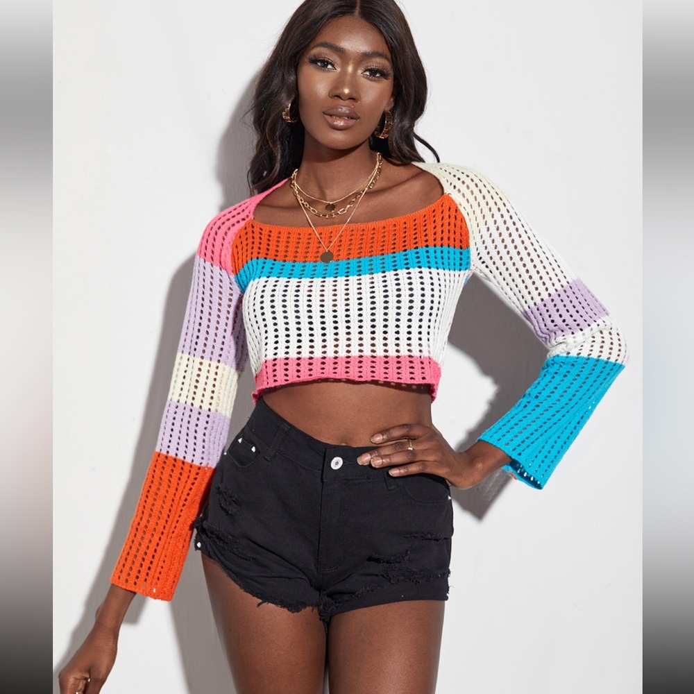 Women’s SHEIN Clasi Color Block Stripe Pattern Crop Pointelle Knit Sweater